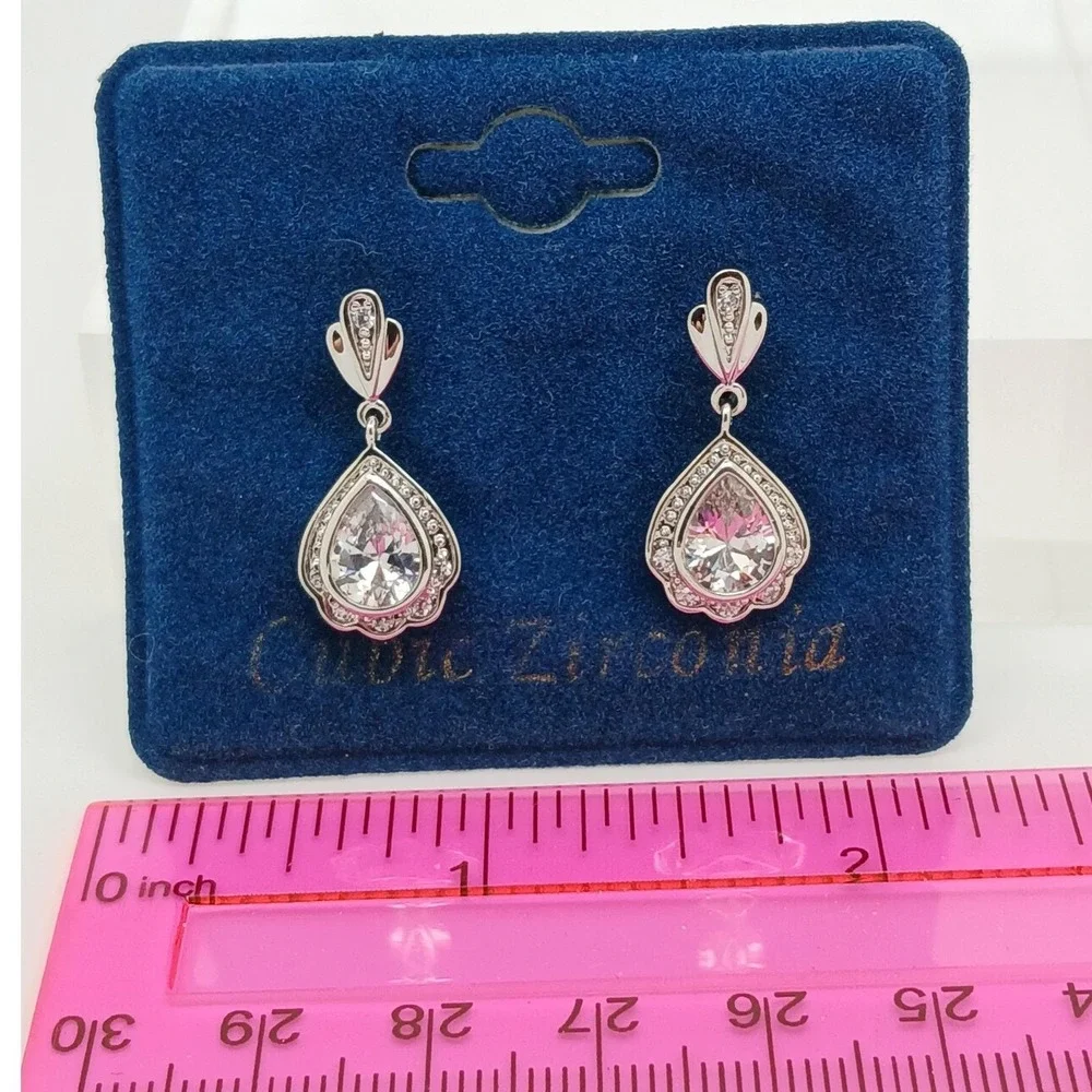 Vintage 1990s Pear Cut Cubic Zirconia Silver Tone Drop Earrings Rare New on Card